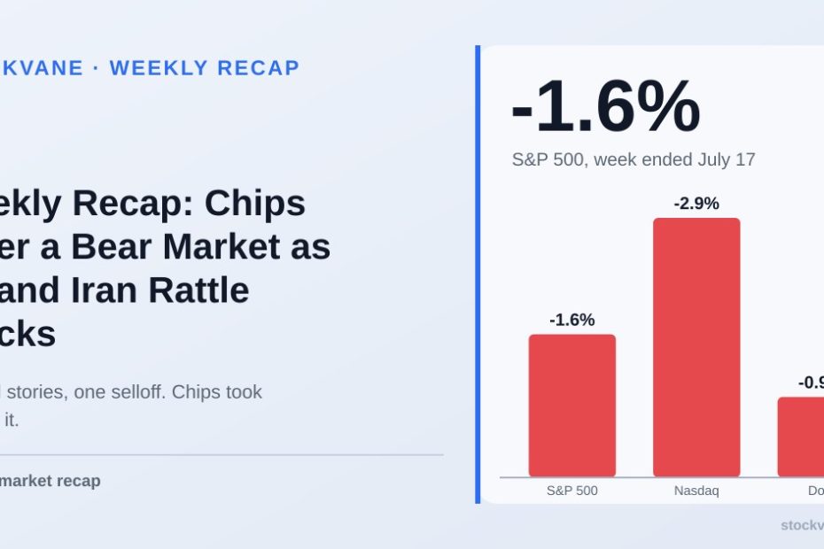 Bar chart of weekly declines: S&P 500 1.6%, Nasdaq 2.9%, Dow 0.9%