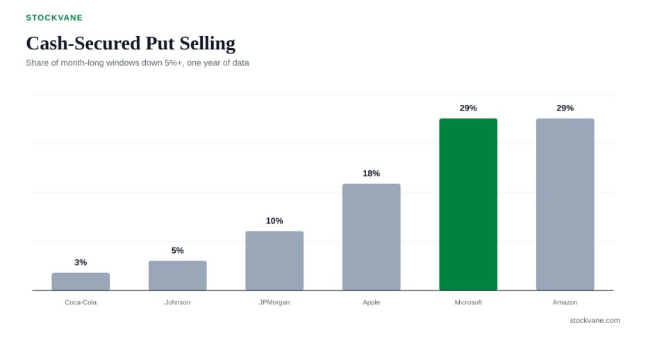 Bar chart of how often six stocks fell 5% or more over a month-long window
