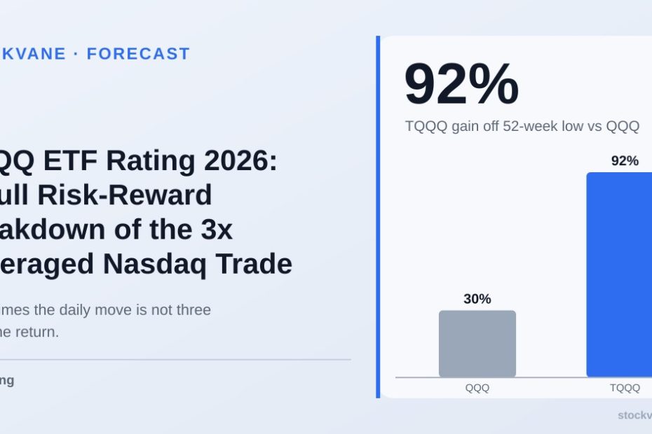 Bar chart: TQQQ is up 92% from its 52-week low and QQQ 30%
